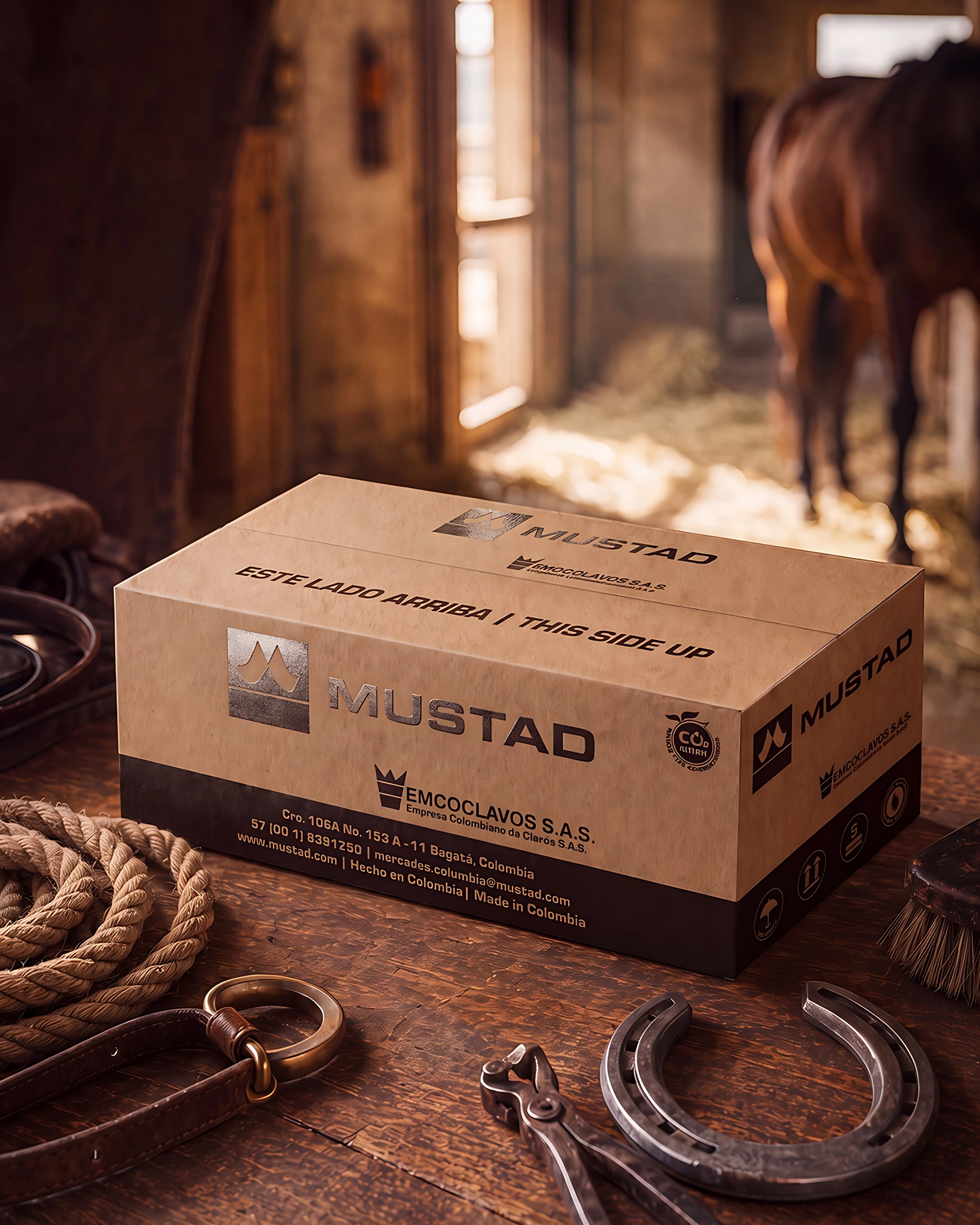 Mustad packaging boxes on a wooden table in a stable, with horseshoes and farrier tools