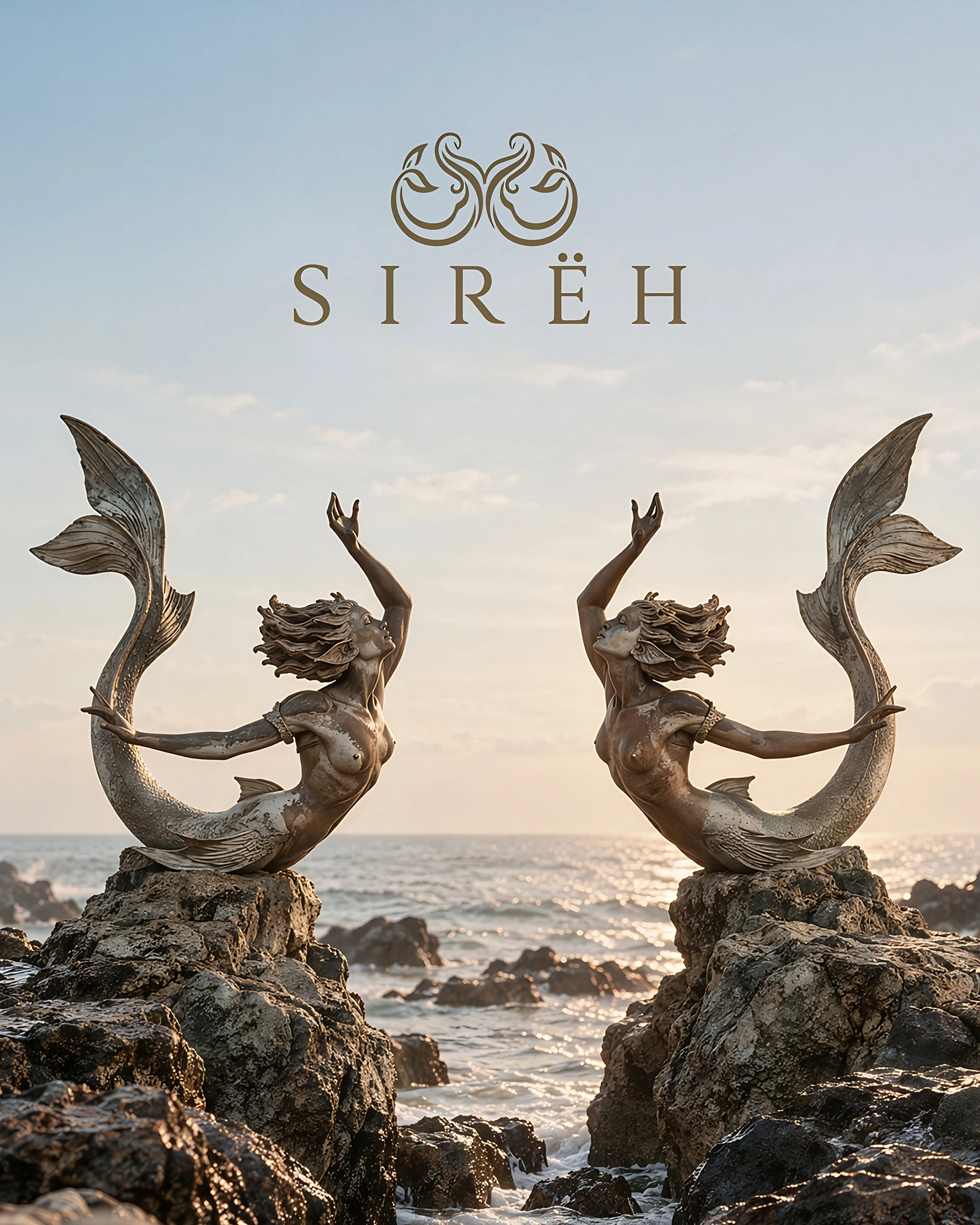 SIREH logo over two bronze mermaid sculptures on rocks by the sea at sunset