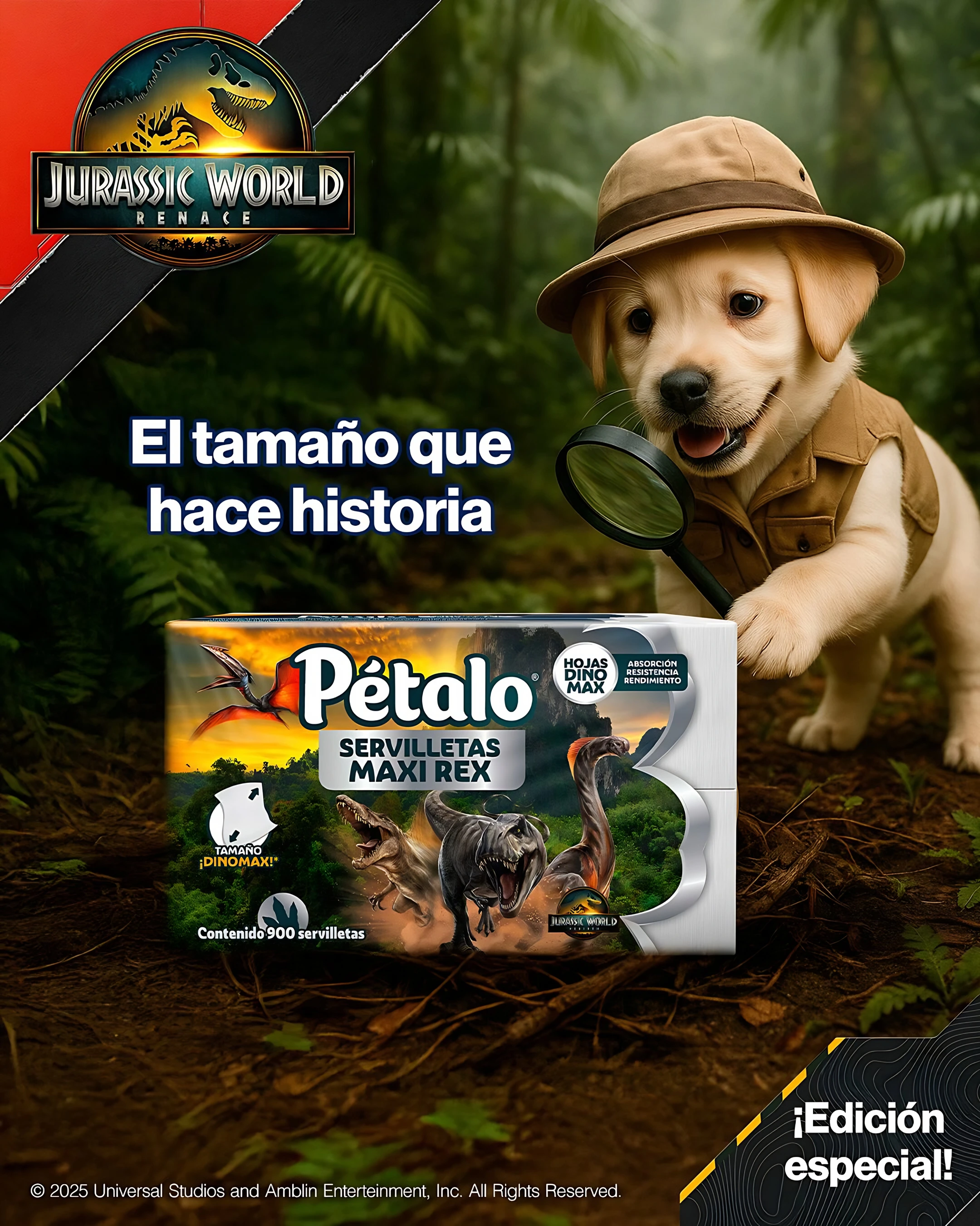 Pétalo Maxi Rex napkins, Jurassic World edition, in a jungle with an explorer puppy holding a magnifying glass