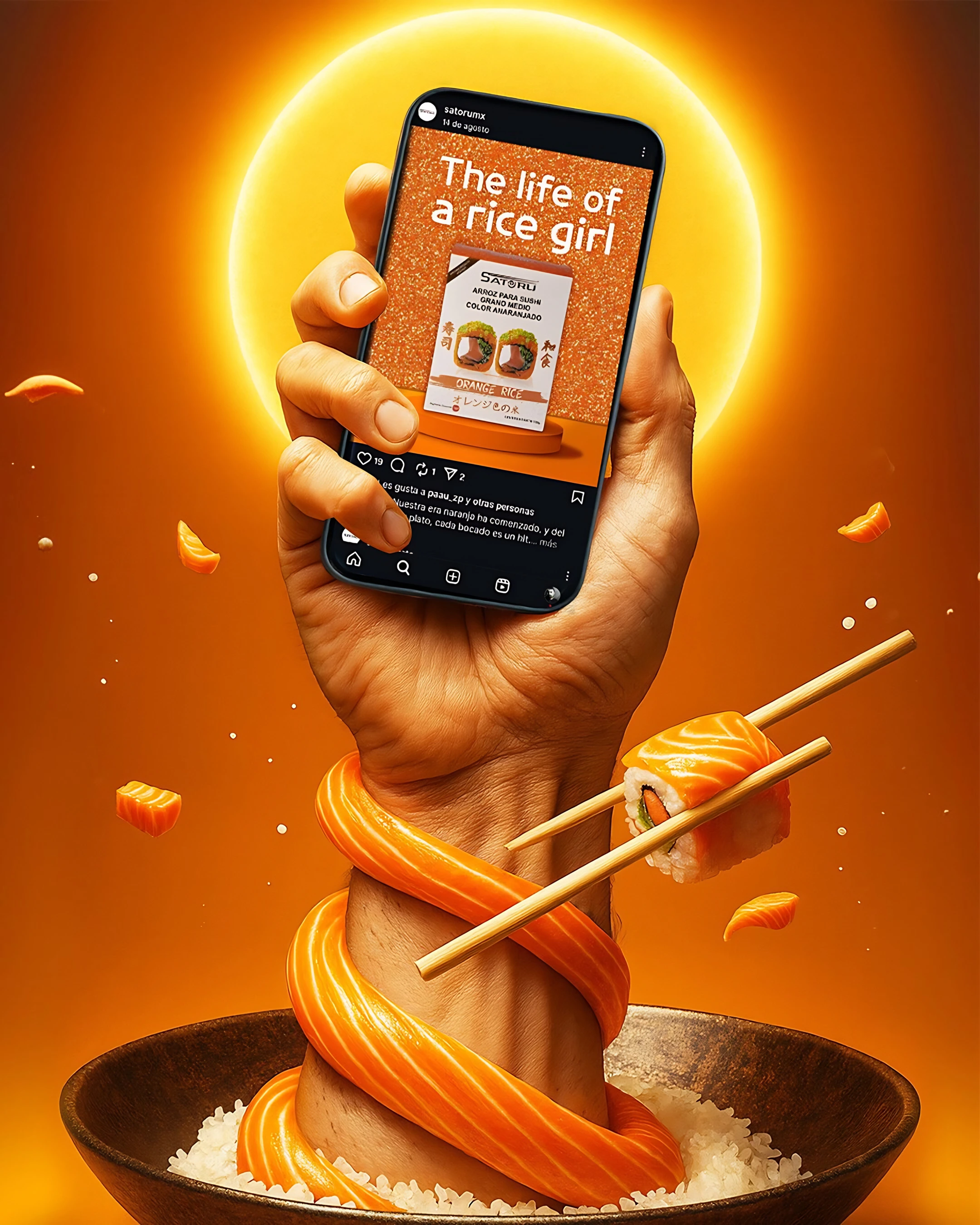 A hand rising from a rice bowl, wrapped in salmon and holding sushi with chopsticks and a phone showing a Satoru post
