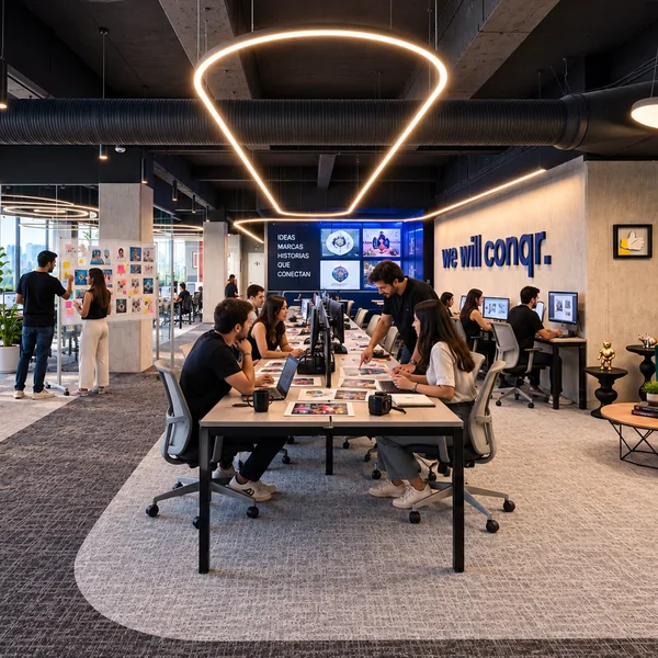 Creative team collaborating at Conqr's office, with the 'we will conqr.' wall