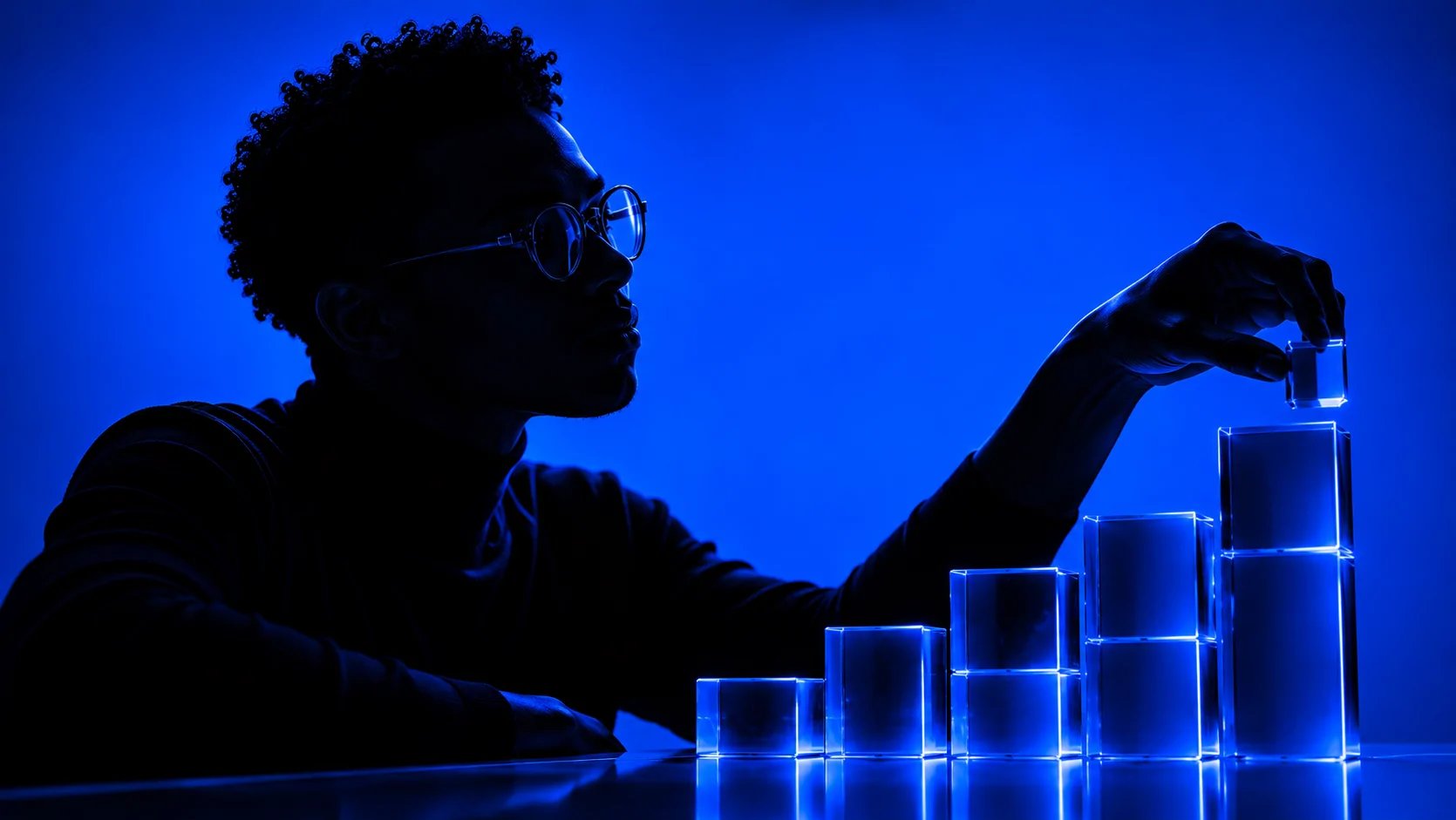 Person stacking glowing glass cubes like a growth chart