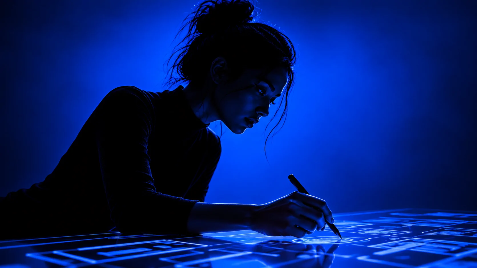 Designer drawing on a holographic table