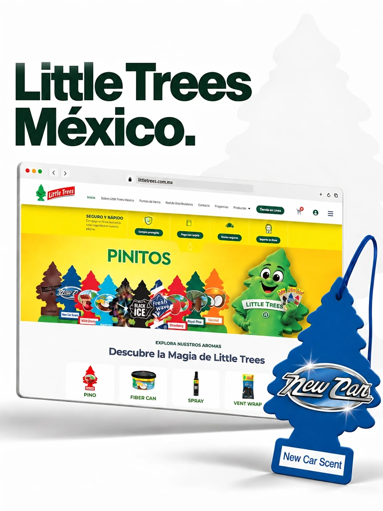 Sitio de Little Trees México en una laptop junto a aromatizantes