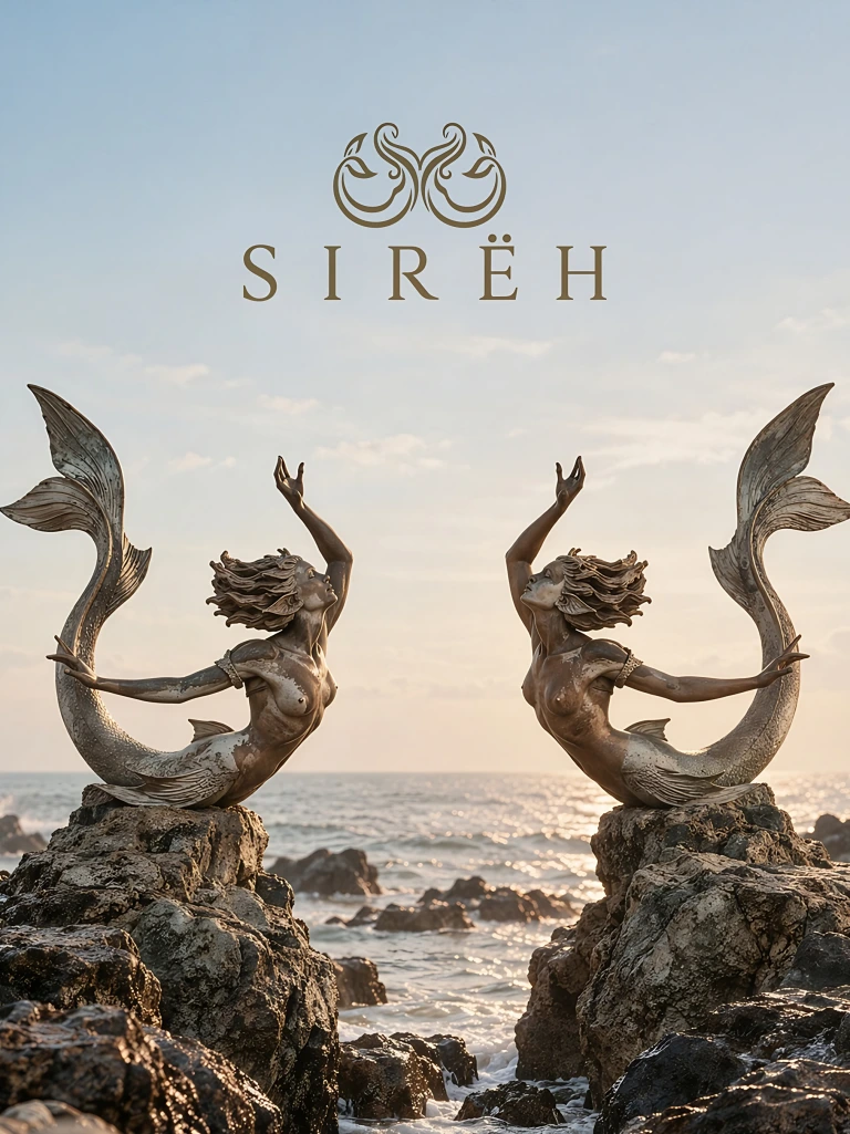 Logo de SIREH sobre dos esculturas de sirenas de bronce junto al mar