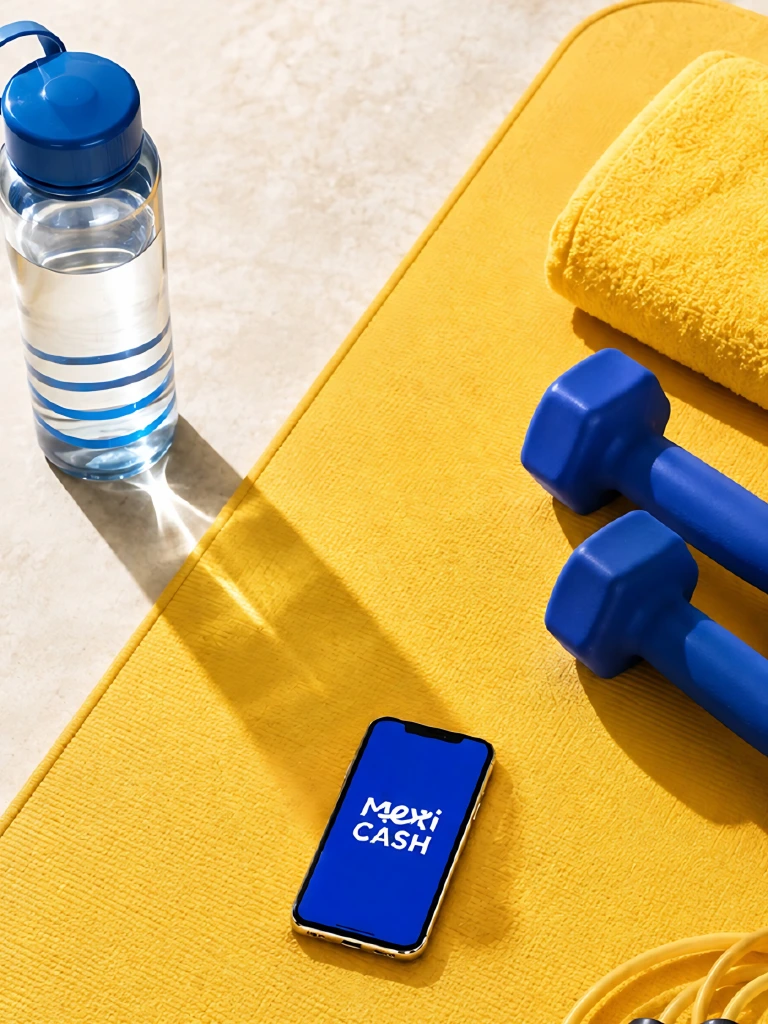 Smartphone with the Mexicash app next to dumbbells and a water bottle
