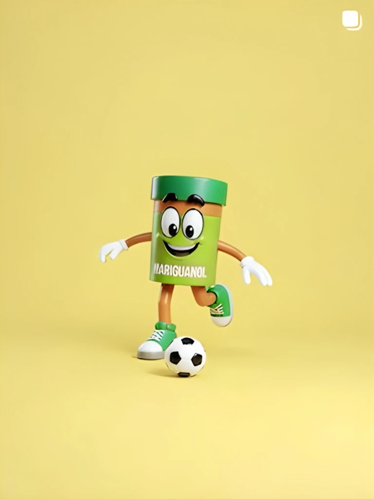 Mascota 3D de un envase verde pateando un balón
