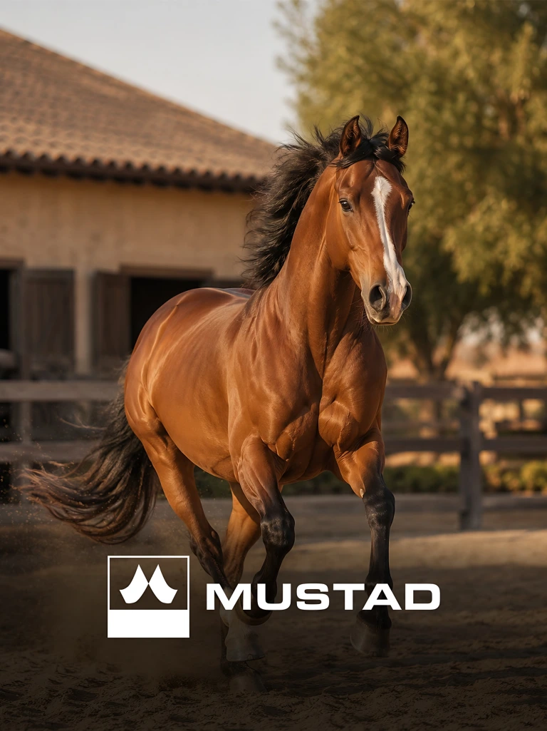 Caballo alazán galopando, con el logo de Mustad