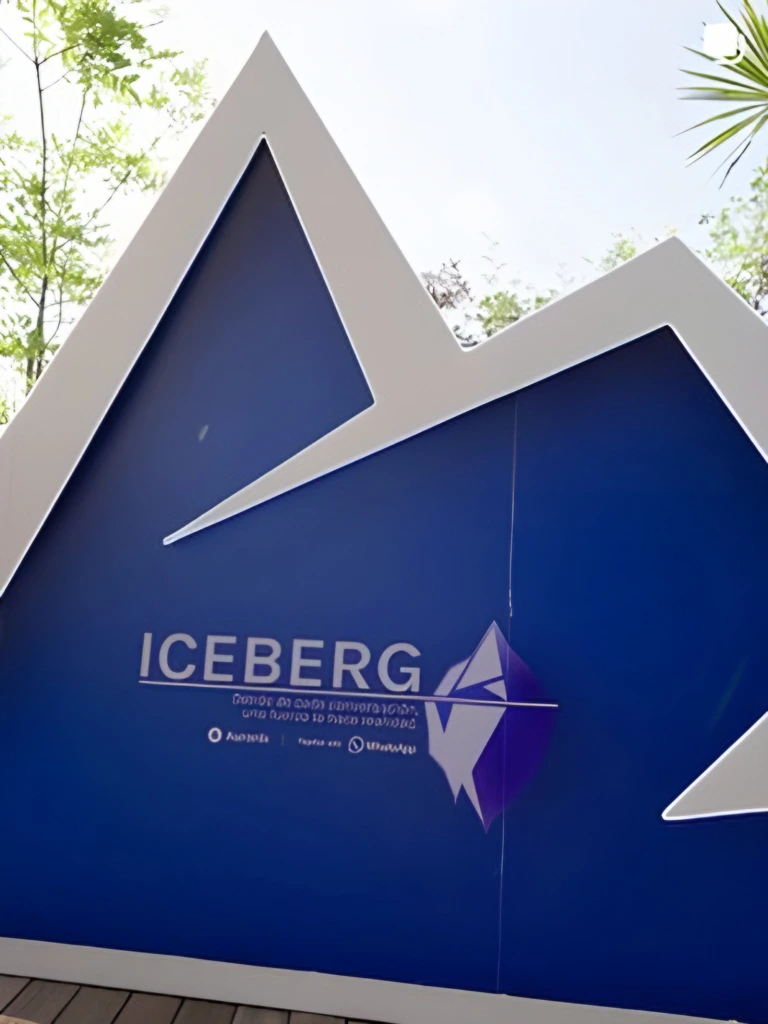 Logo de Iceberg en una estructura azul en forma de montaña