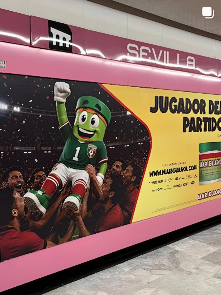 Mascota verde en un banner rosa de «Jugador del partido»