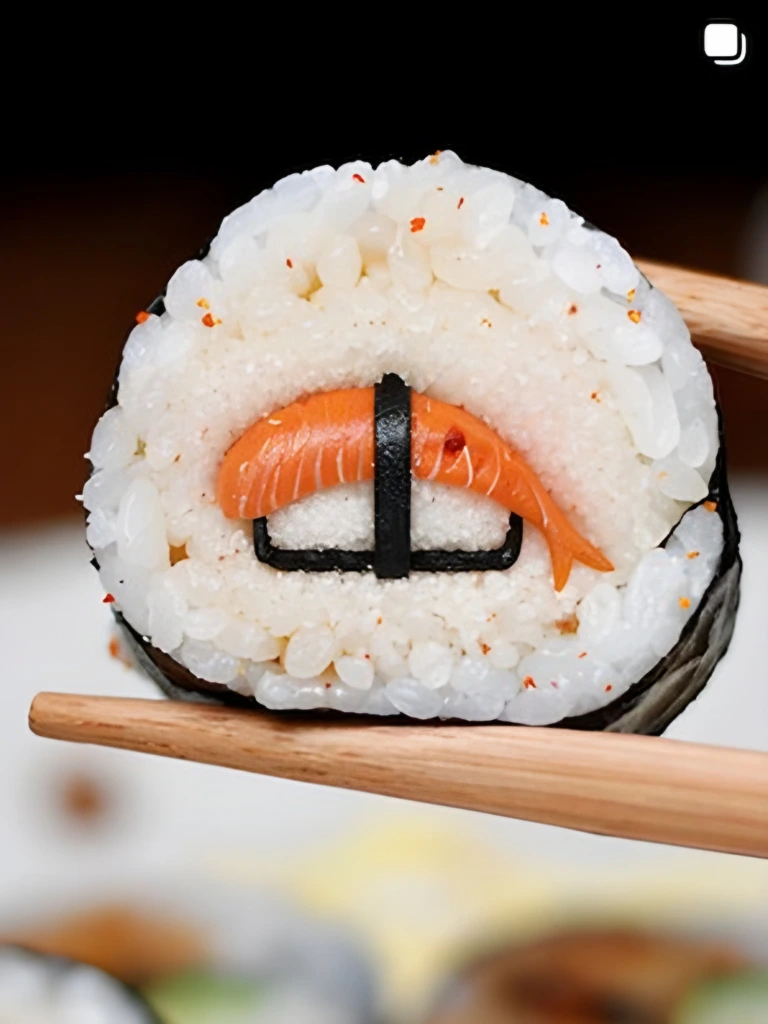 Primer plano de un rollo de sushi con palillos