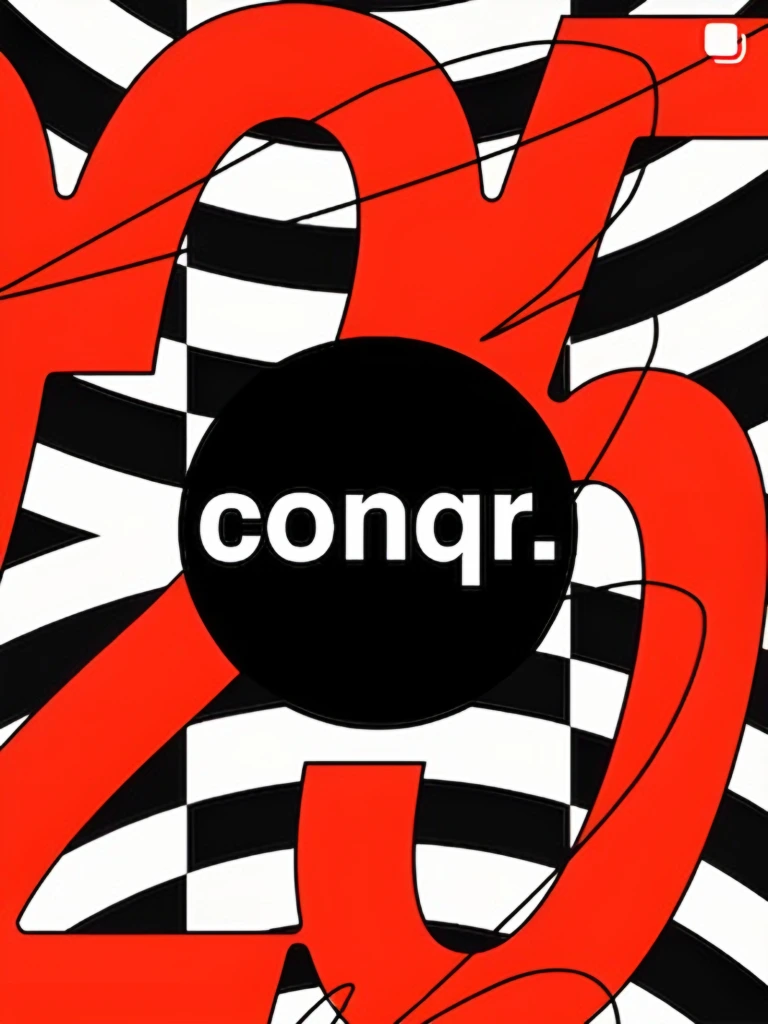 Logo de Conqr sobre un gráfico a cuadros rojo y negro