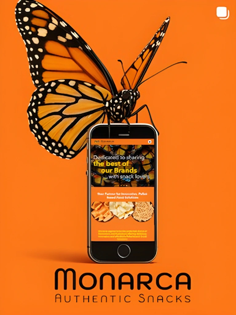 Celular de Monarca Authentic Snacks con una mariposa sobre naranja