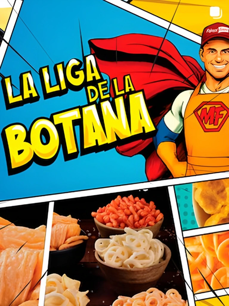 Gráfico estilo cómic de La Liga de la Botana con botanas