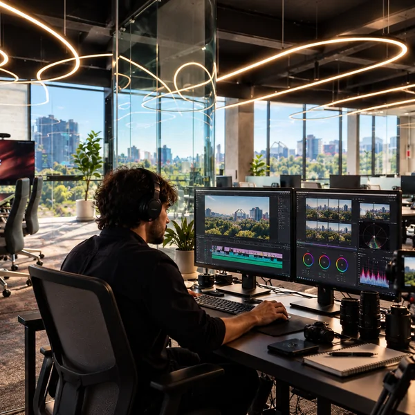 Creative studio editing video: an editor with headphones color-grades footage on two monitors, with a camera and a studio light beside the desk
