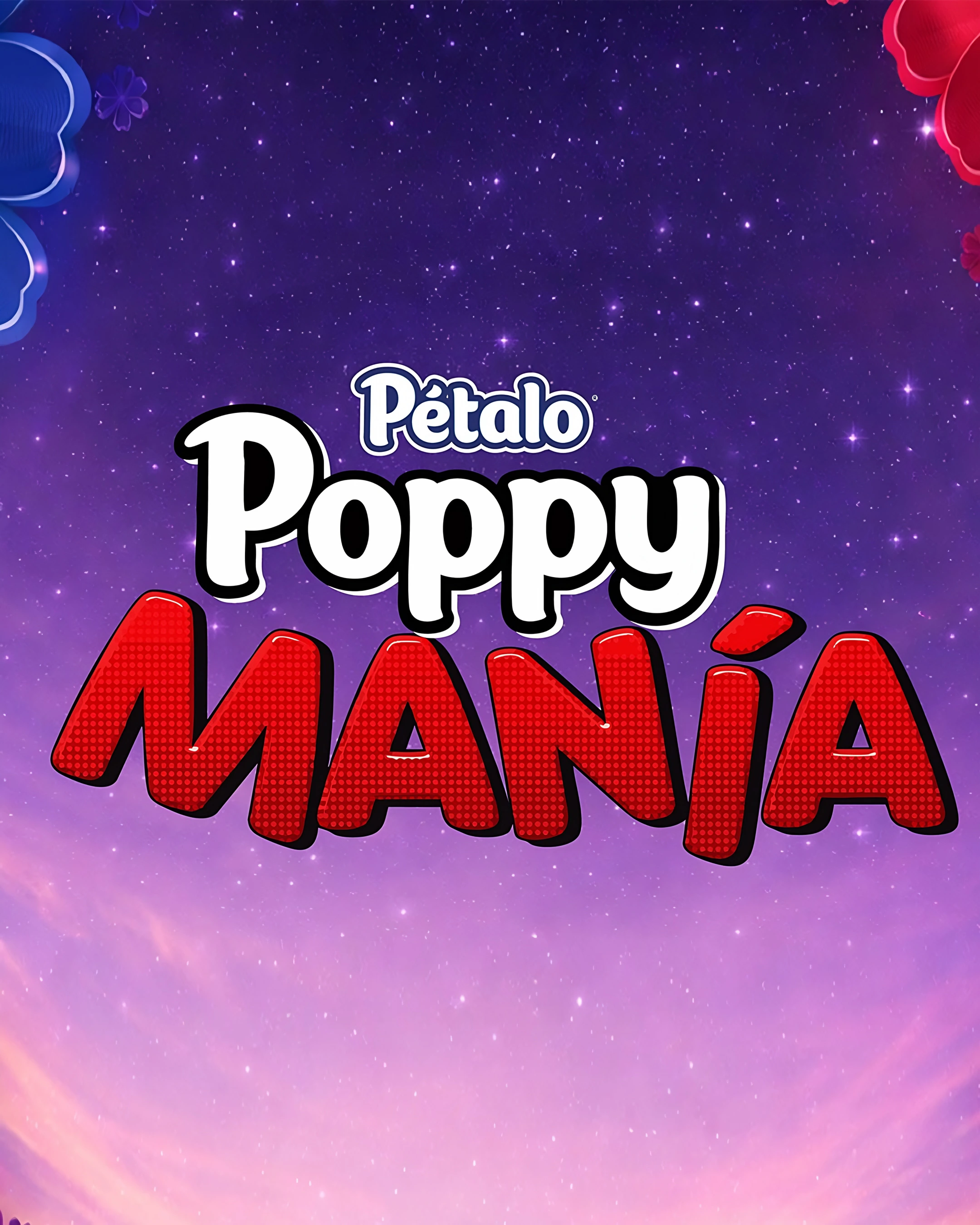 Pétalo Poppy Manía key visual: “Mission unlocked” with buy, collect and redeem steps and a puppy