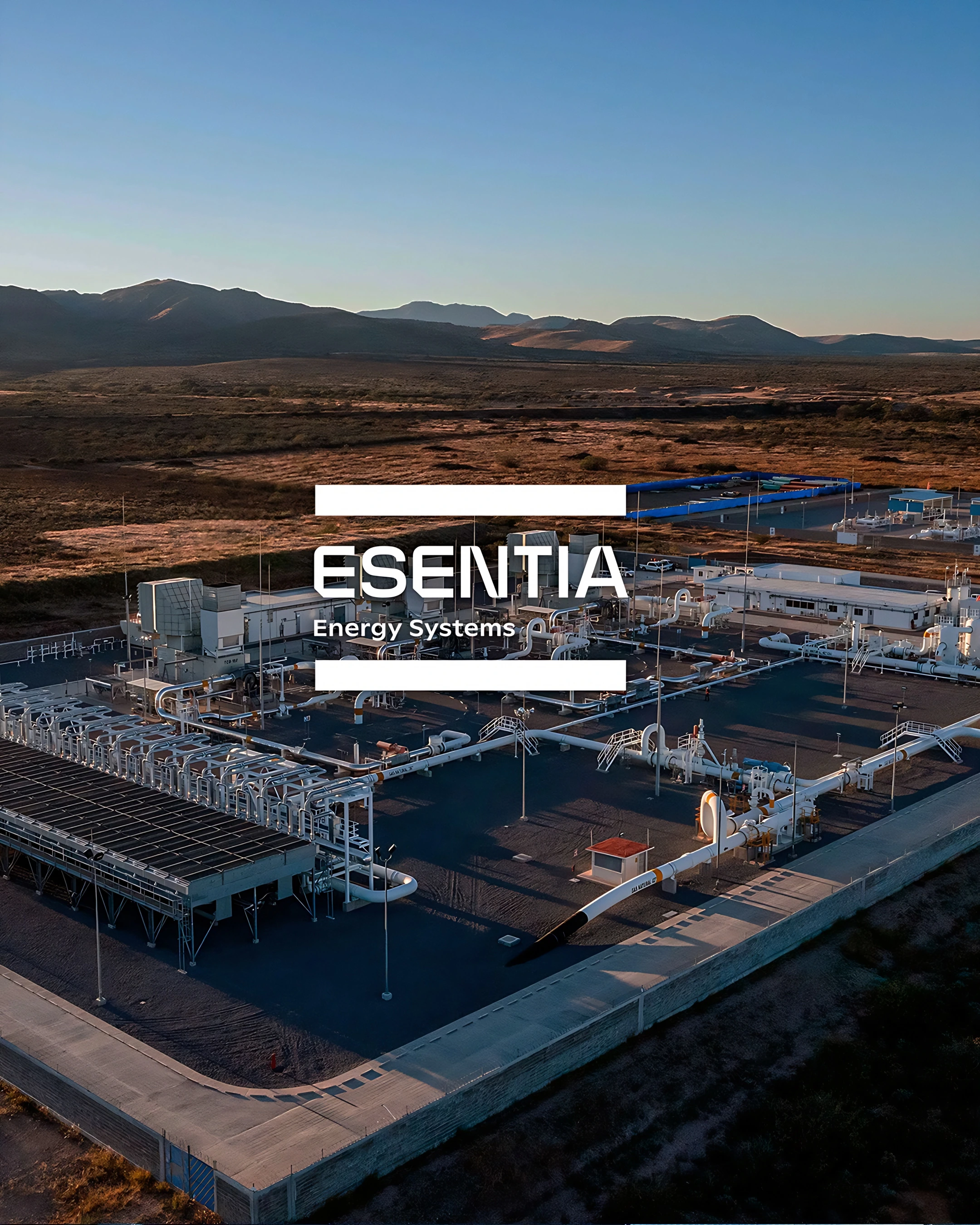 Aerial view of an Esentia Energy Systems natural gas facility at sunset, with the logo