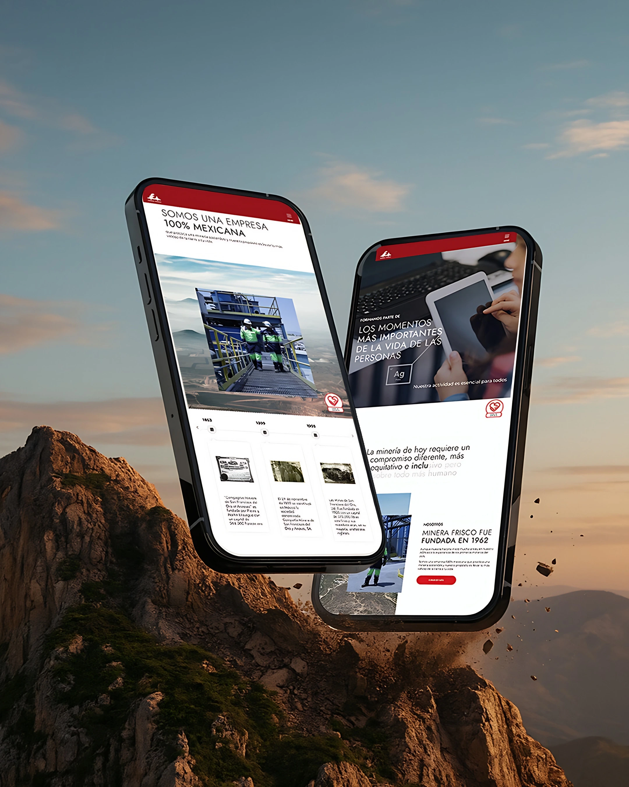 Two smartphones showing the Minera Frisco website, floating over a mountain at sunset