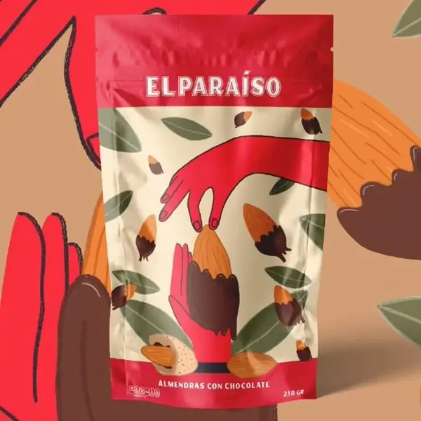 El Paraíso almond packaging with an illustrated design