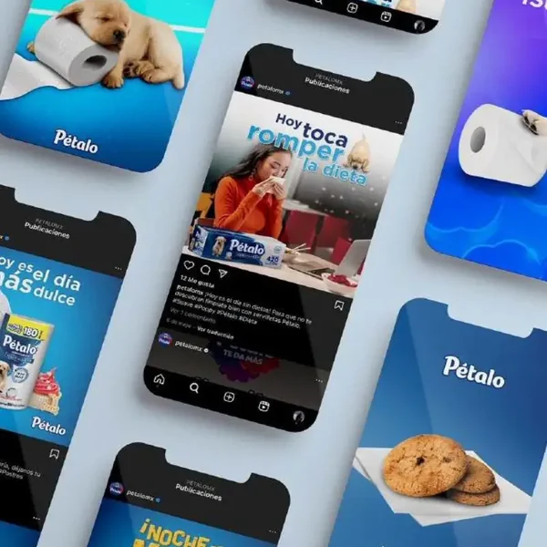 Phones showing Pétalo social media posts