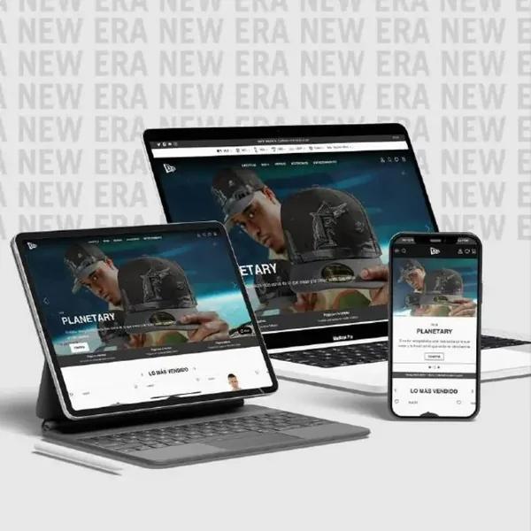 New Era website shown on a laptop, a tablet and a phone